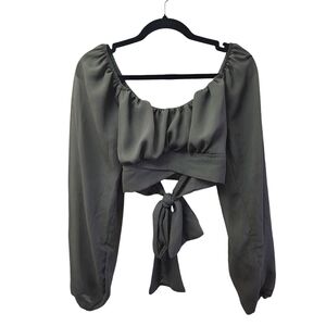 Windsor Olive Green Sheer Ruched Balloon Sleeve Crop Top Sz M Tie Back